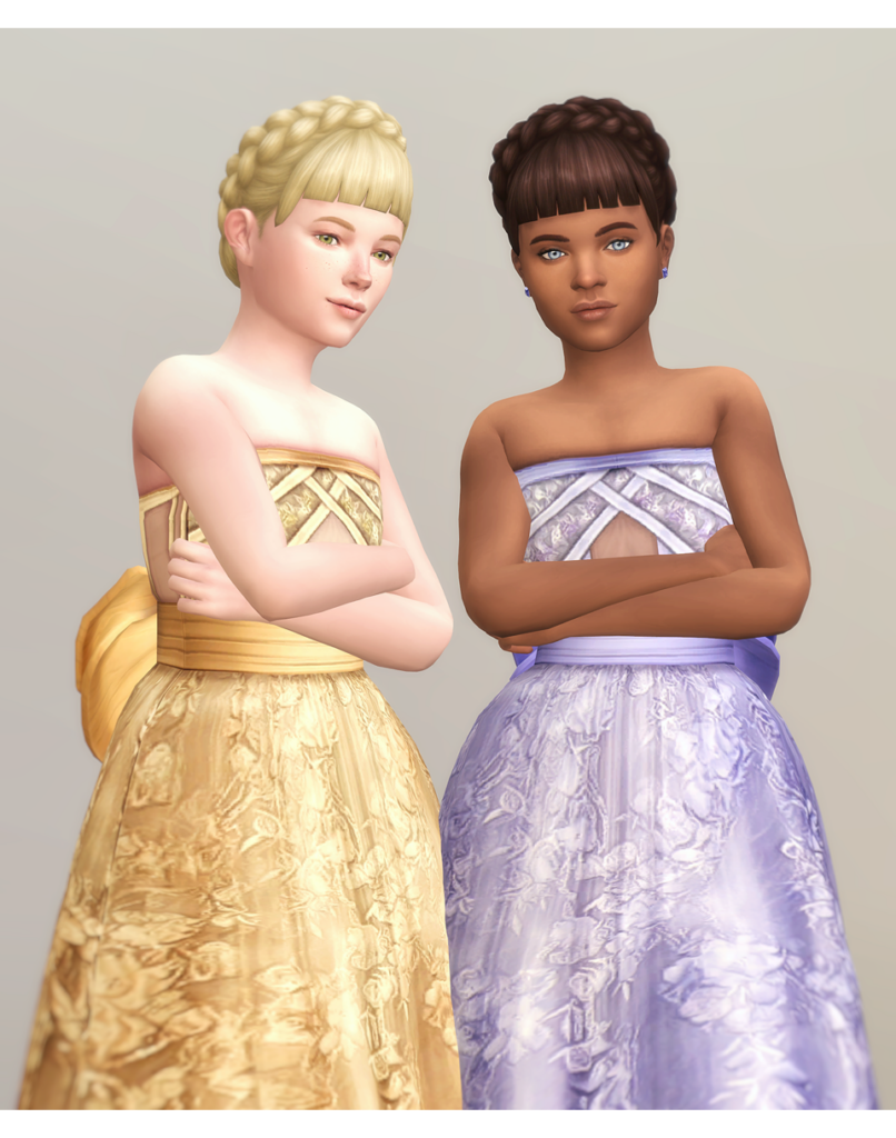 Zwei Kinder aus Die Sims 4, die beide eine geflochtene Krone und ein trägerloses formelles Kleid für eine Hochzeit tragen.