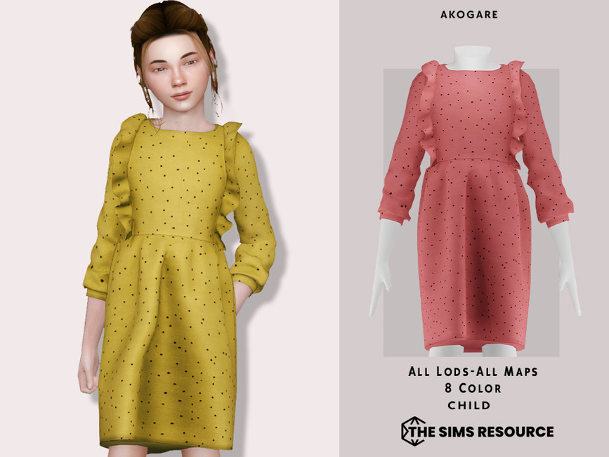 Ein Sim, der ein Kleid mit 3/4-Ärmeln und Polka Dots trägt und etwas Rüschen um den Arm hat.