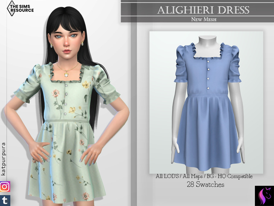 Ein Sim mit schwarzen Haaren und blauen Augen, der ein Kleid mit einem gerüschten quadratischen Ausschnitt trägt.