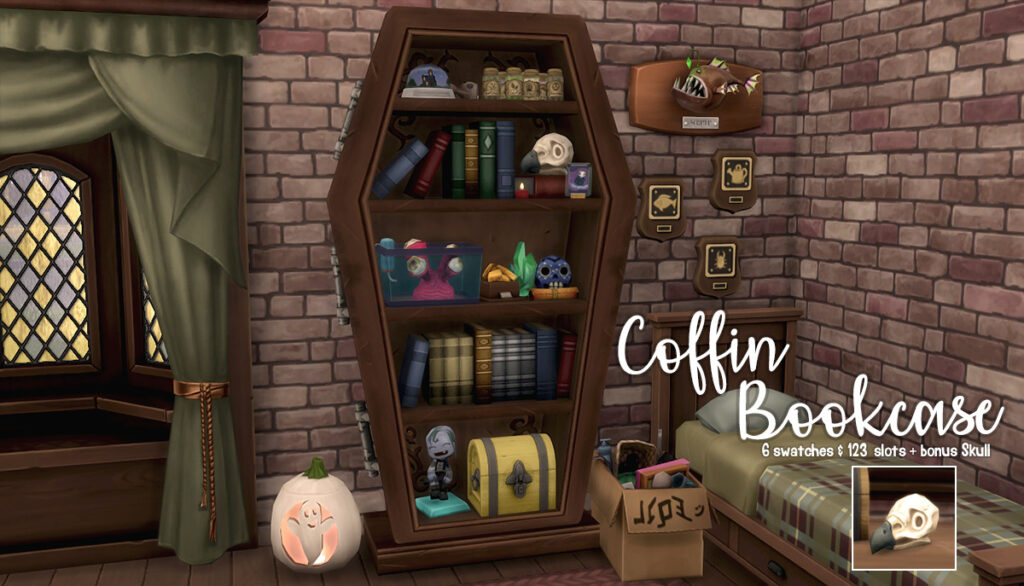 Ein Sims 4 CC Halloween-Bücherregal in Form eines Sarges