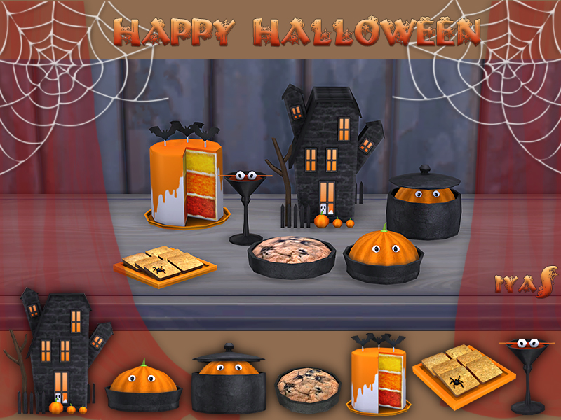 Ein mit Dekorationen bedeckter Tisch für eine Dinnerparty in Die Sims 4 zu Halloween