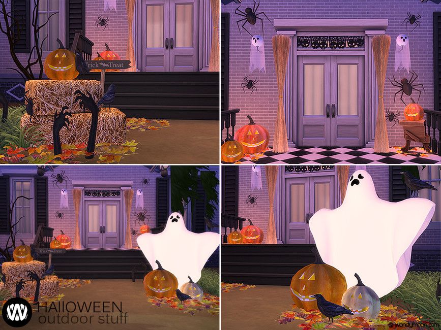 Eine Veranda eines Hauses in Die Sims 4, die mit Halloween-Dekorationen bedeckt ist