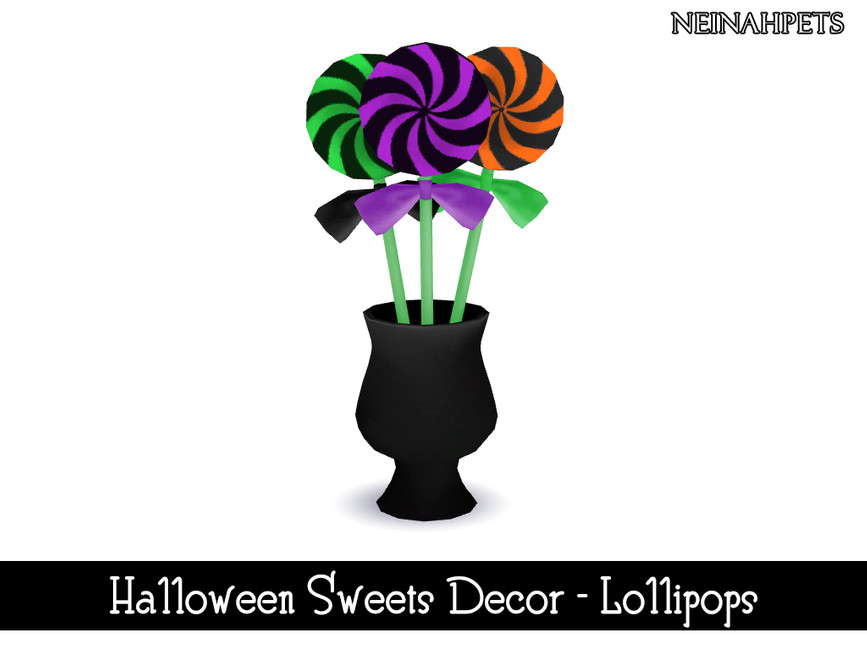 Eine schwarze Vase mit drei Lollipops darin, die Halloween-Dekorationen für Sims 4 sind.