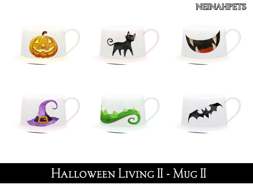 sechs weiße Tassen mit Halloween-Designs