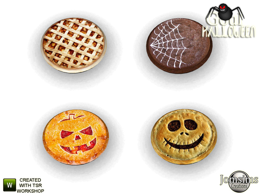 Vier Kuchen mit Halloween-Dekorationen wie gruseligen Gesichtern und Spinnennetzen