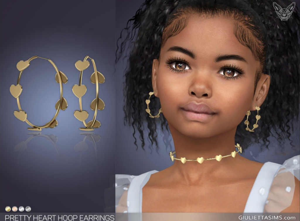 Ein Kind in Die Sims 4, das ein Paar CC-Ohrringe mit Herzen um den Reifen trägt.
