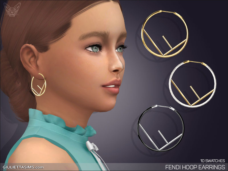 Ein Paar Sims 4 CC-Ohrringe, die von der Marke Fendi mit dem charakteristischen F in der Mitte inspiriert sind