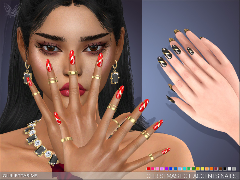Ein Sim trägt tonnenweise goldschmuck und hat lange mandelförmige Nägel. Ihre Sims 4 Weihnachts-CC-Nägel sind rot mit goldenen Folien, die sie wie eine rote und goldene Zuckerstange aussehen lassen.