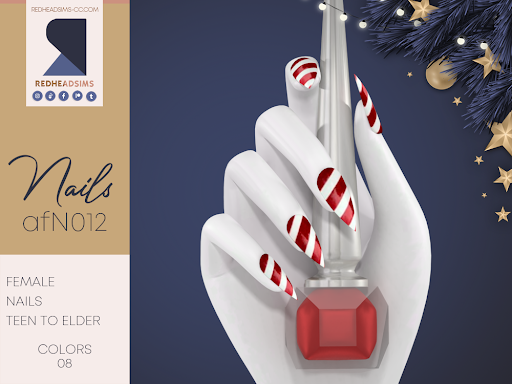 Eine Schaufensterpuppe-Hand um eine Flasche roten Nagellack, die Sims 4 Weihnachten CC-Nägel sind in Stiletto-Form mit Zuckerstangenstreifen
