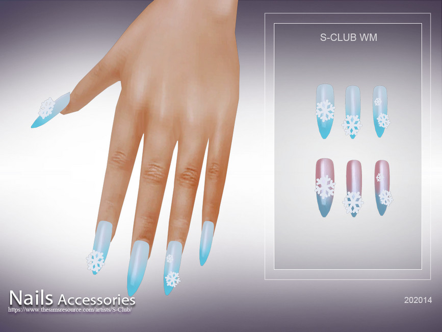 Eine ruhige Hand kommt von oben auf den Bildschirm. Diese Hand hat lange Sims 4 Weihnachts-CC-Nägel in Form eines Stilettos, die mit blauem Ombre-Nagellack und kleinen Schneeflocken bedeckt sind.