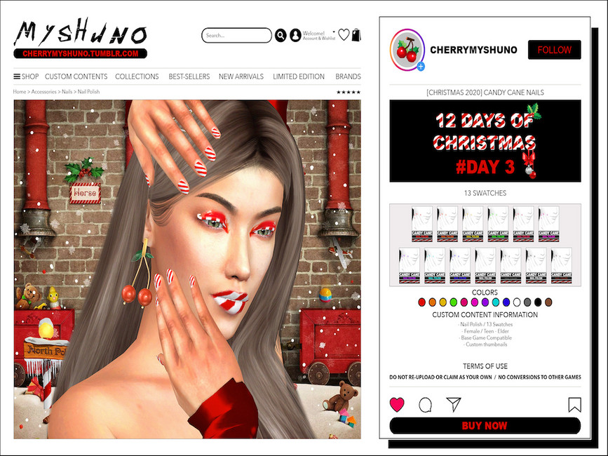 Ein Bild, das wie eine Zeitung über The Sims 4 aussieht. Das Bild zeigt einen Sim mit Candy-Cane-Make-up und passenden Candy-Cane-Nägeln.