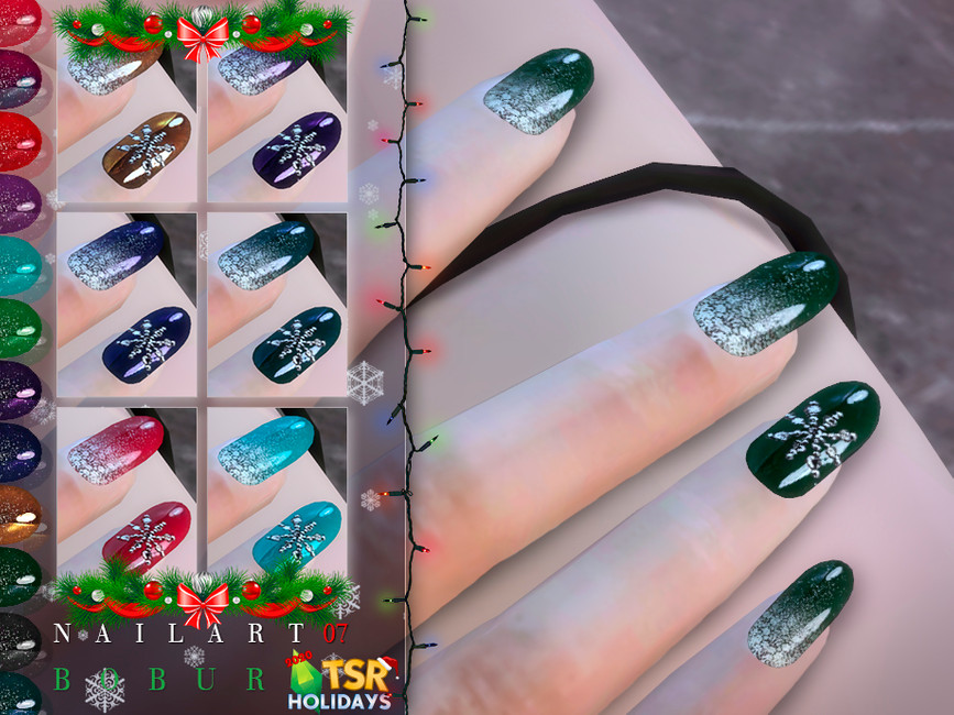 Eine Hand mit vier Fingern zeigt wunderschöne mandelförmige Sims 4 Weihnachts-CC-Nägel. Diese Nägel sind dunkelgrün mit silbernen Flakes im Ombré-Stil von unten und einer großen Schneeflocke am Ringfinger.