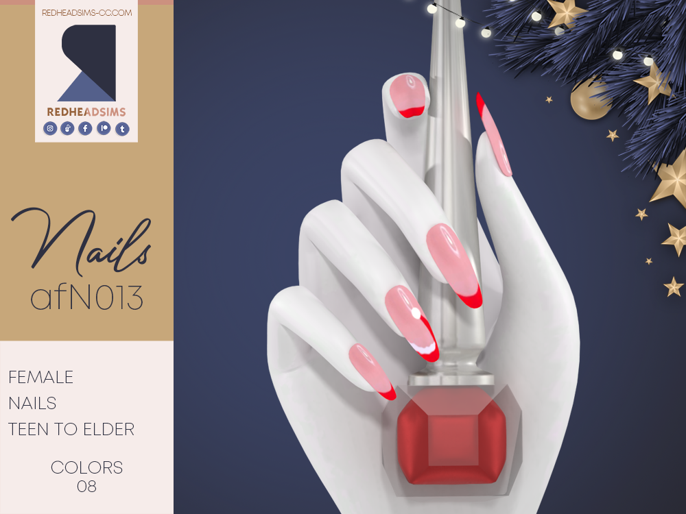 Eine Hand umgibt eine Flasche Nagellack mit Stacheln. Diese Hand hat lange mandelförmige Nägel, die rosa sind und kleine Weihnachtsmützen tragen.