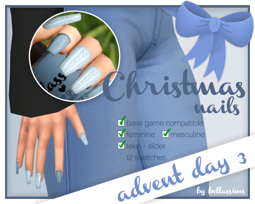 Ein Sim mit weihnachtlichen Nägeln im Pullover-Design