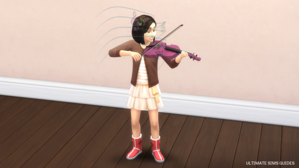 Die Sims 4 Kinder spielen Violine mit Musiknoten vor ihrem Gesicht