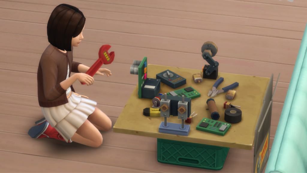 Dieses Bild zeigt Kinder in Die Sims 4, die ihr Schulprojekt halten und einen Schraubenschlüssel in der Hand haben