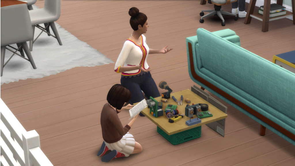 Dieses Bild zeigt ein Kind in Die Sims 4, das mit seiner Mutter an einem Schulprojekt arbeitet