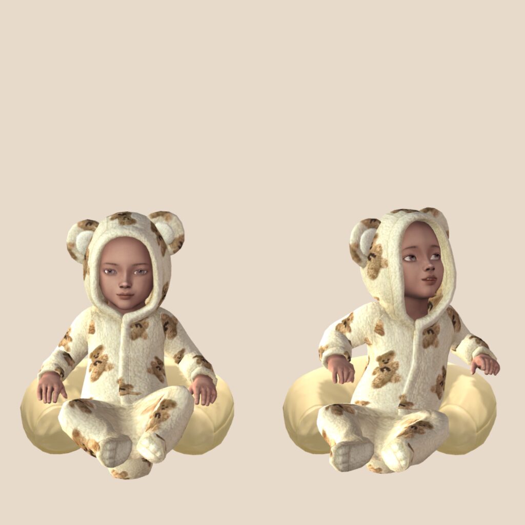 Ein beige Hintergrund mit zwei Sims 4 Säuglingen darauf. Sie tragen Einteiler und sitzen auf einem Kissen.
