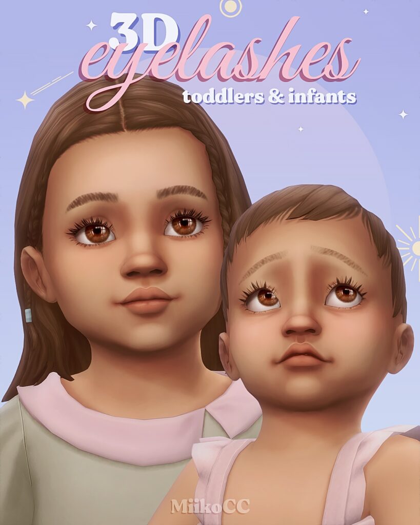 Zwei Sims, ein Kleinkind und ein Säugling schauen nach oben und zur Seite mit langen Wimpern.
