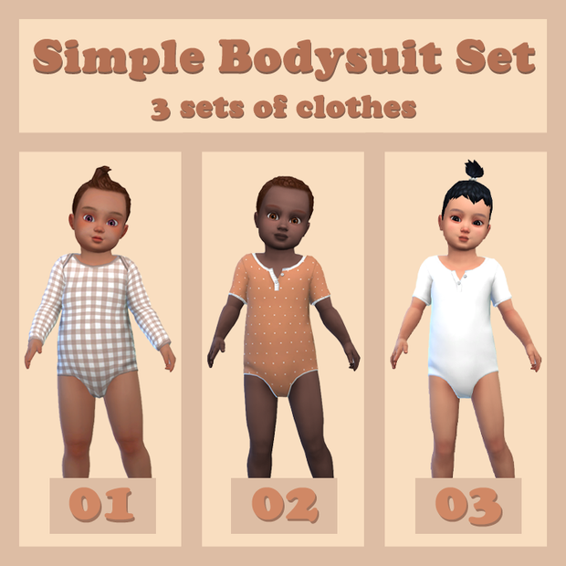 Ein brauner Hintergrund mit drei Säuglingen aus Die Sims 4. Sie tragen alle Body-Anzüge.