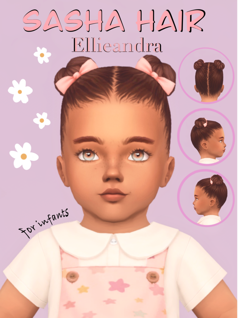 Ein lila Hintergrund mit einem Baby darauf, das ein Peter Pan-Shirt trägt und das Haar zu Dutts gesteckt hat.