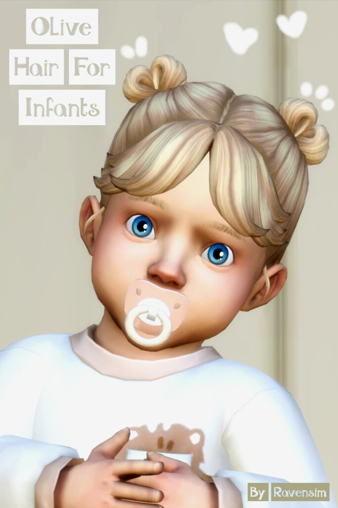 Ein blondes Kleinkind aus Die Sims 4, das einen weißen Pullover trägt, einen Schnuller hat und seine cc Haare in zwei kleinen Knoten mit Pony trägt.