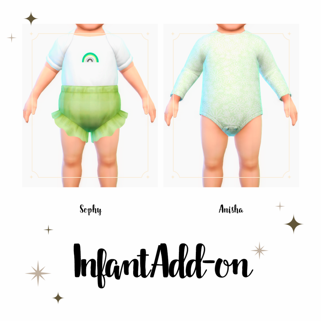 Ein weißer Hintergrund mit zwei Säuglingen, die mit ausgestreckten Armen stehen, ihre Gesichter sind abgeschnitten. Sie tragen Sims 4 Säuglings-CC-Outfits.