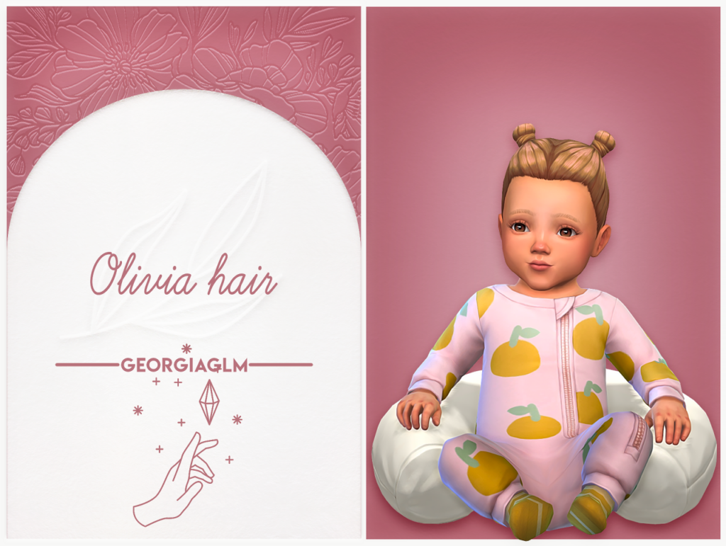 Ein rosa Hintergrund mit "Olivia-Haar" auf der einen Seite und auf der anderen Seite ein Baby aus Die Sims 4 mit zwei Haarknoten oben auf dem Kopf, das in einem rosa Strampler sitzt.