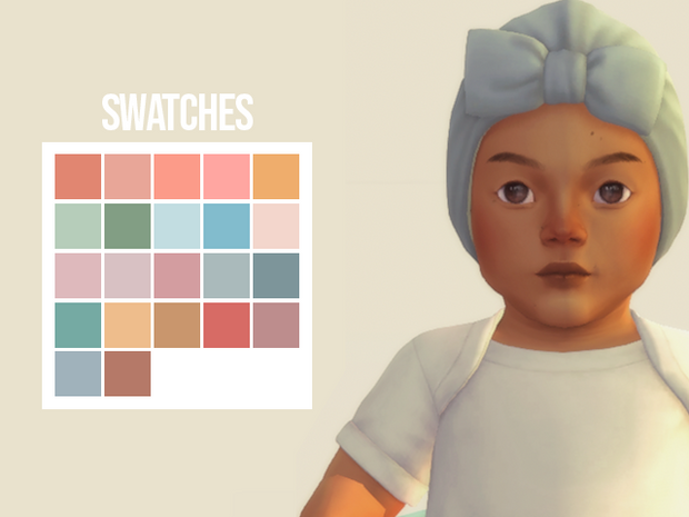 Ein Säugling aus Die Sims 4 auf einem beigen Hintergrund mit einem Säugling, der einen CC-Haarturban und eine Schleife trägt.