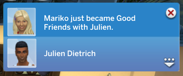Eine blonde weibliche Sim, die mit einem Sim namens Julien Freunde wird