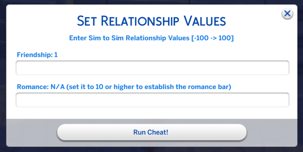 Festlegen von Beziehungswerten für Sims 4 Beziehungscheats mit UI Cheats Erweiterung