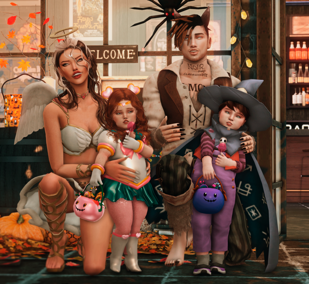 Eine Familie in Die Sims 4 posiert vor einem Fenster in Halloween-Kostümen.