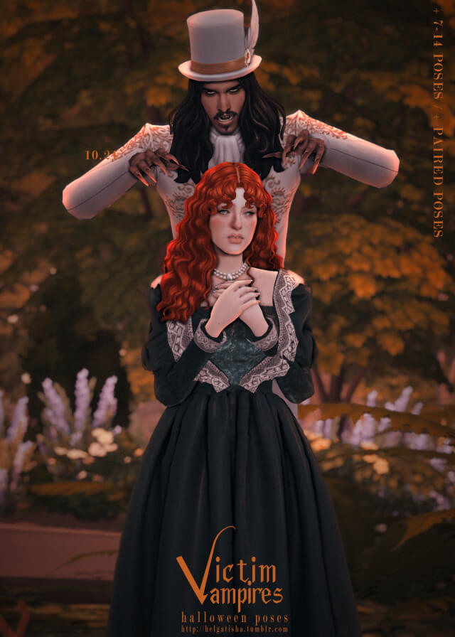 Eine Sim 4 Halloween-Pose, bei der ein Vampir über einem anderen Sim steht und kurz davor ist, ihn zu beißen