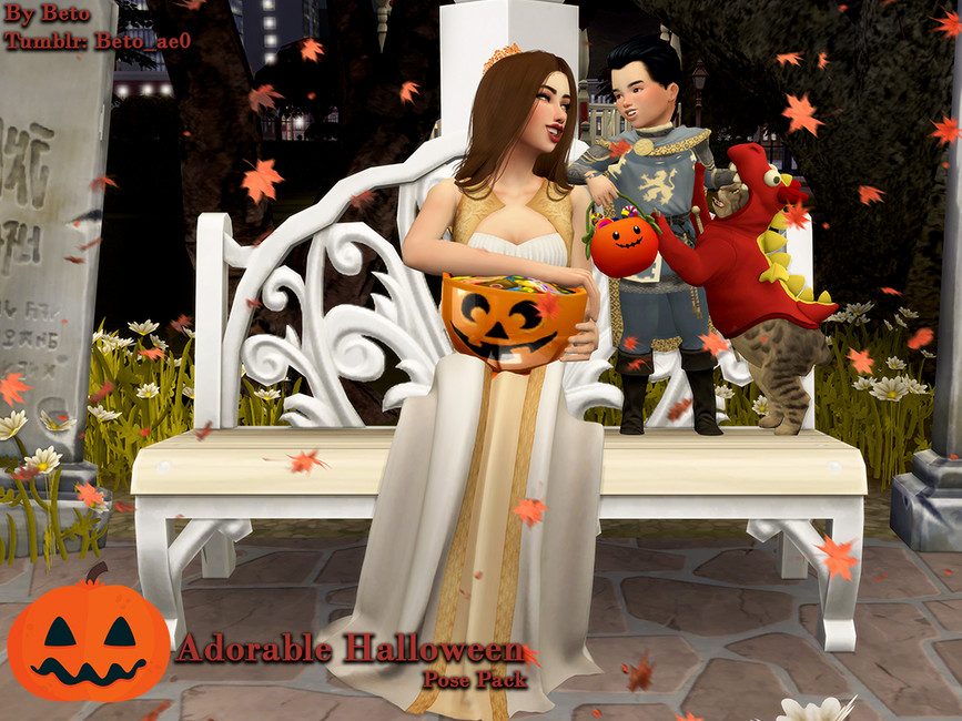 Eine Frau, ein Kleinkind und eine Katze posieren in Halloween-Kostümen in Die Sims 4