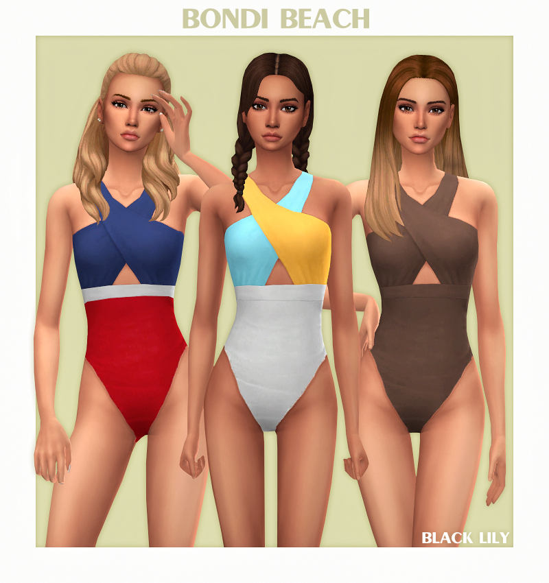 Drei verschiedene Charaktere aus Die Sims 4, die passende Badeanzüge mit überkreuzten Trägern in verschiedenen Farbmustern tragen.