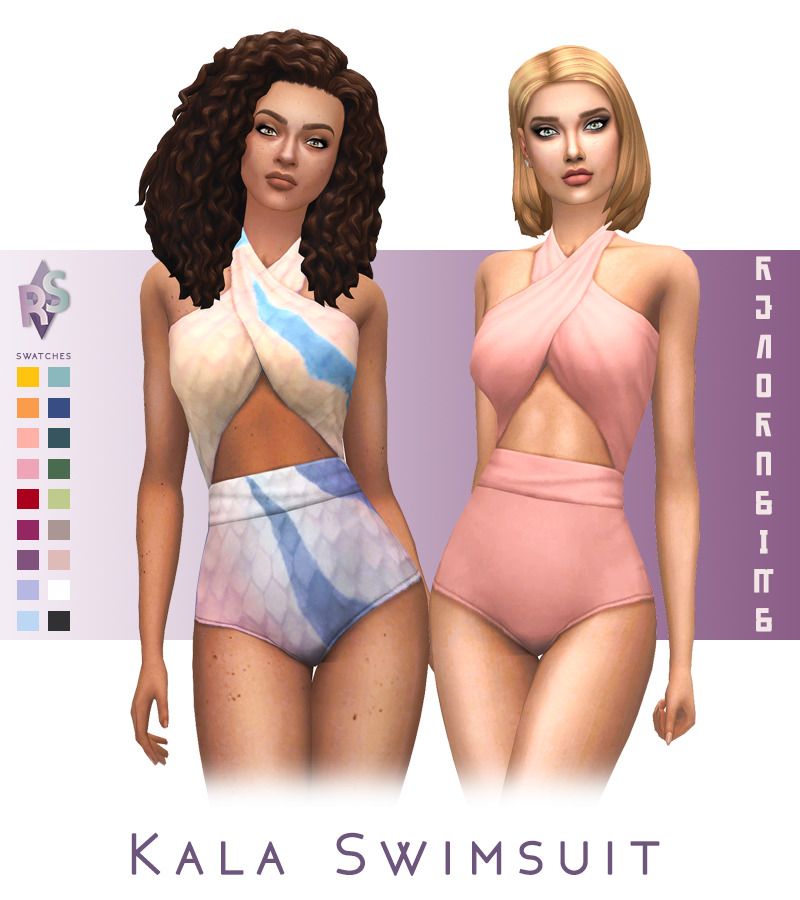 Zwei Charaktere aus Die Sims 4, die Badeanzüge mit einem Halfteroberteil und Raffungen tragen.