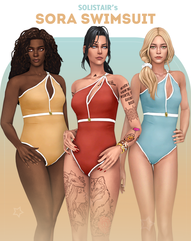 Drei verschiedene Sims, die einen Einteiler mit einem einseitigen Badeanzug und einem Cut-Out auf der Brust tragen. Sims 4 CC Badeanzüge.