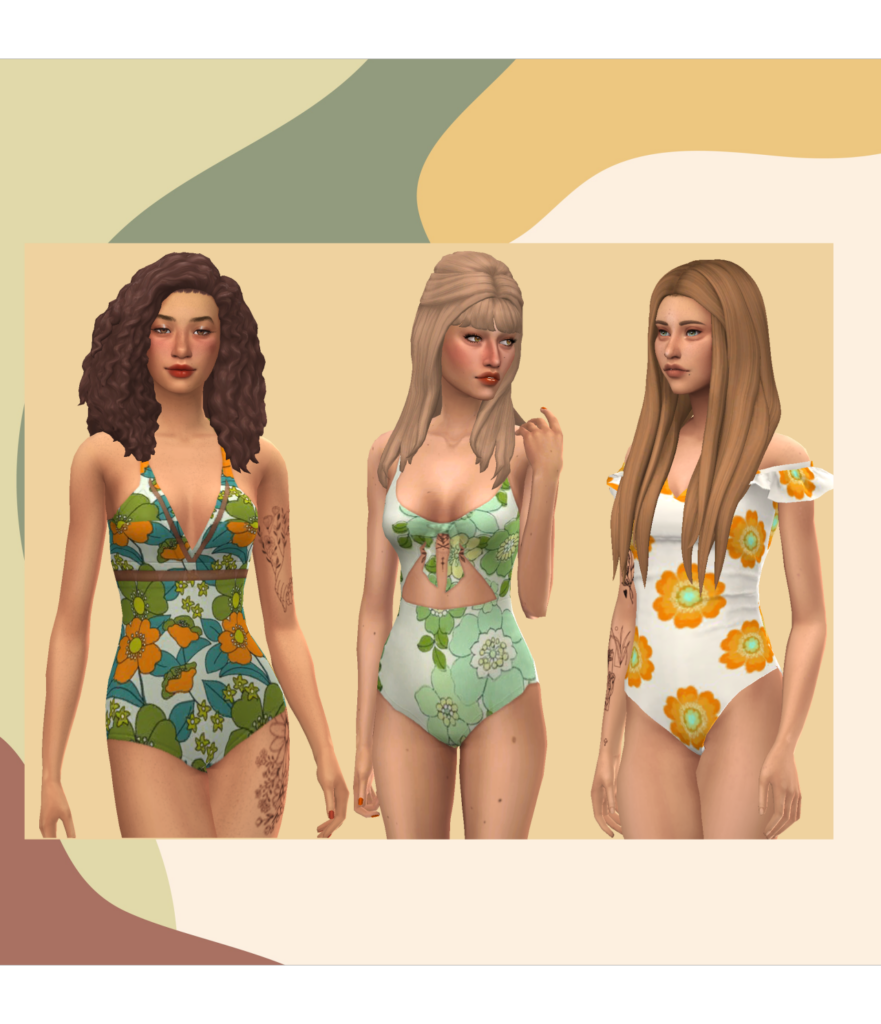 Drei Sims tragen Badeanzüge mit Retro-Mustern