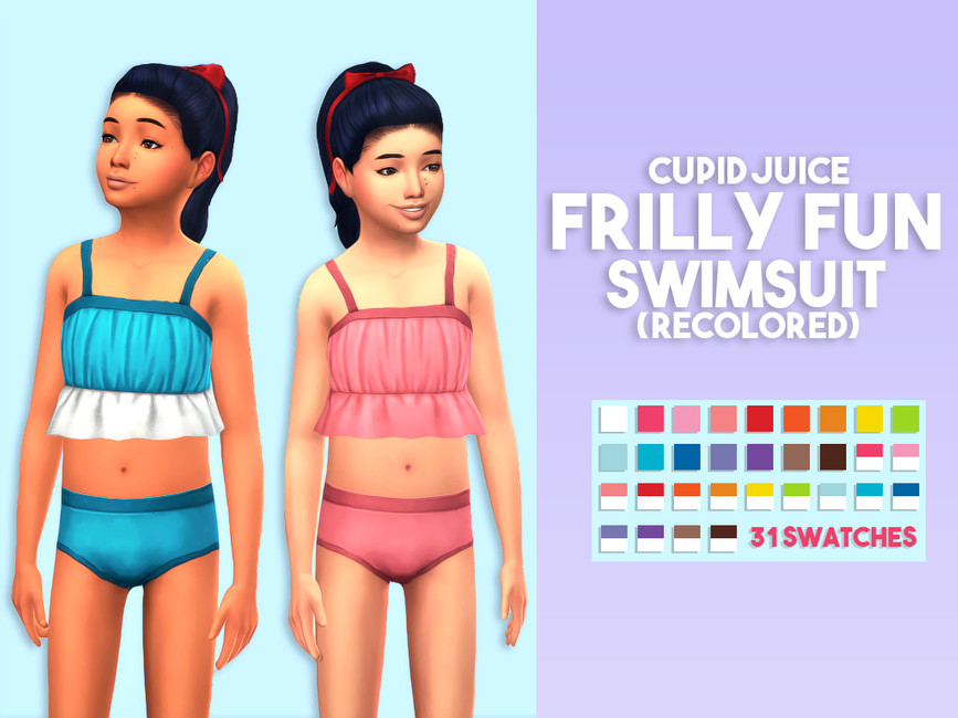 Zwei Kinder aus Die Sims 4, die Bikini-Badeanzüge mit Rüschen am unteren Teil des Oberteils tragen.