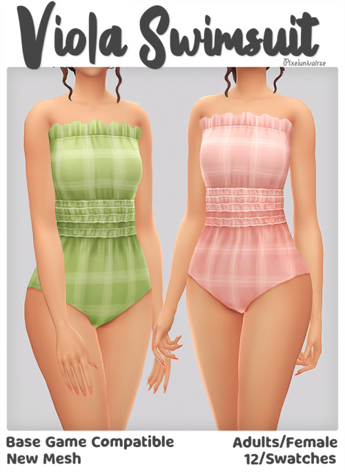Zwei Sims mit abgeschnittenen Köpfen auf dem Bild, die beide Badeanzüge mit einem geraden Ausschnitt in Karo tragen.