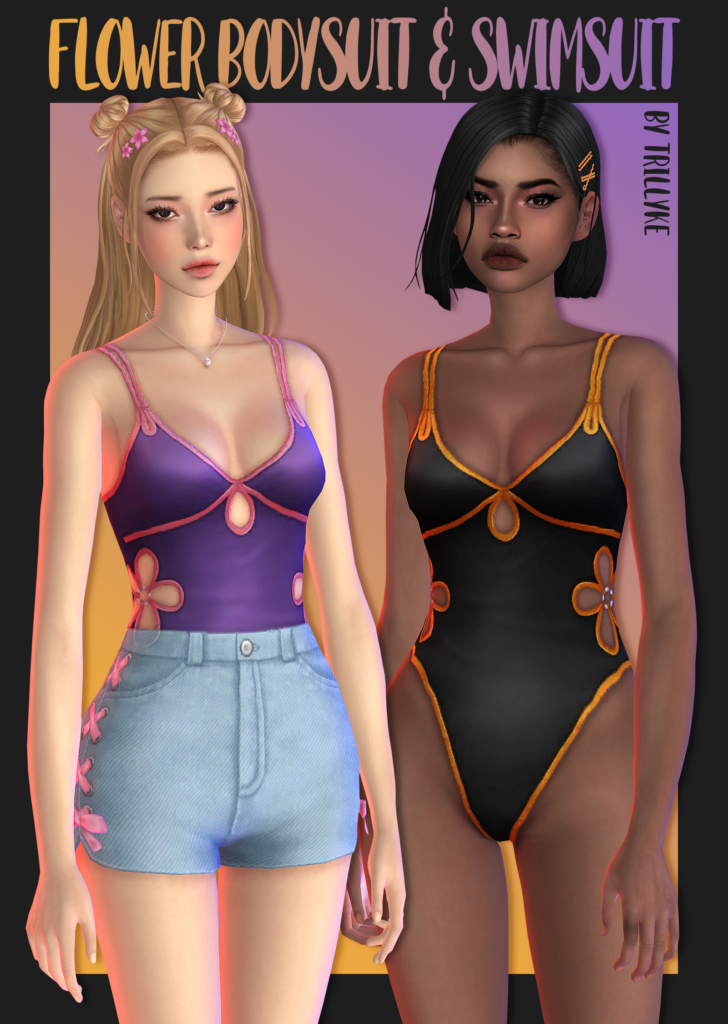 Zwei Figuren aus Die Sims 4, die beide einen Badeanzug mit an den Seiten ausgeschnittenen Blumen tragen. Sie tragen auch Jeansshorts.