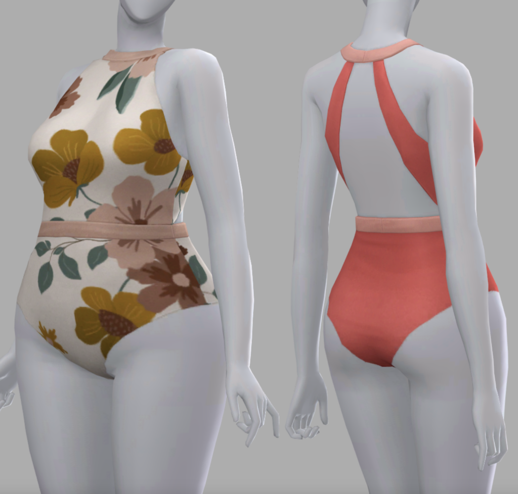 Ein grauer Hintergrund mit zwei Mannequins aus Die Sims 4. Beide tragen einen Badeanzug mit hohem Kragen für CC.