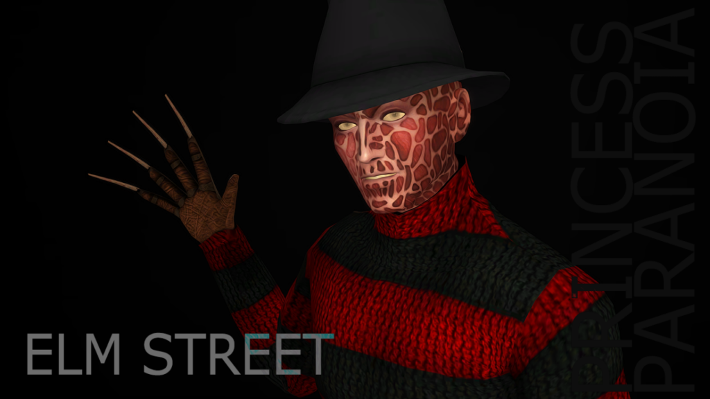 Ein Sim auf schwarzem Hintergrund mit einem Freddy-Kostüm, inklusive Hut und Pullover.