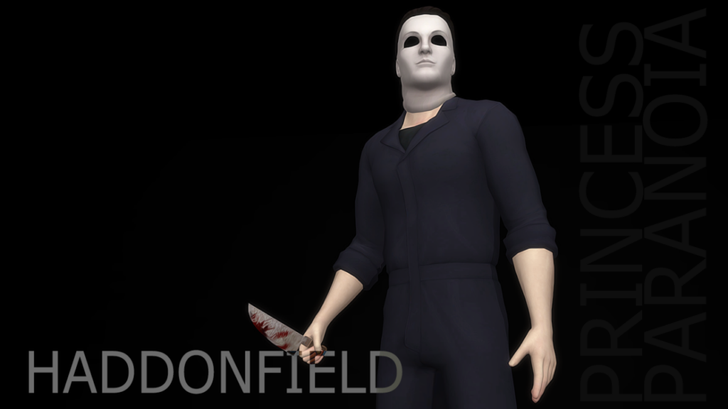 Ein Sim, der eine Michael Maske für sein Halloween-Kostüm trägt und ein blutiges Messer hält.