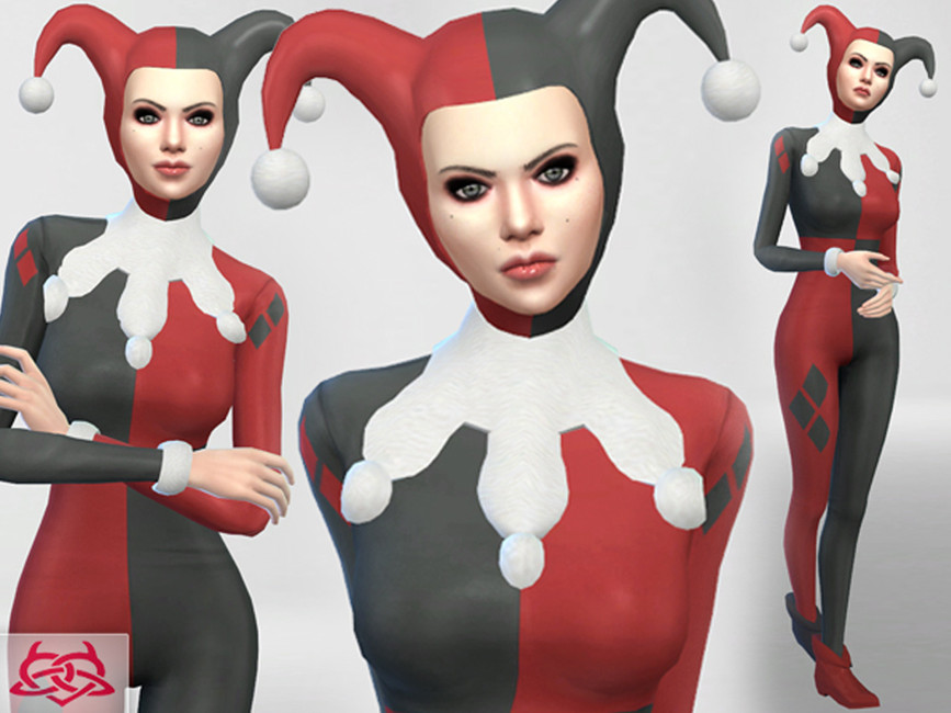 Eine Sim aus Die Sims 4 trägt ein Harley Quinn CC Halloween-Kostüm, es handelt sich um das schwarze, rote und weiße Kostüm, nicht das Suicide Squad Outfit.
