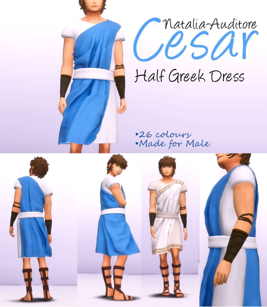 Ein männlicher Sim in Die Sims 4, der ein CC-Halloween-Kostüm trägt, das ein weißes T-Shirt-Kleid mit einem blauen Stoffdrapier enthält, das es in eine Toga verwandelt