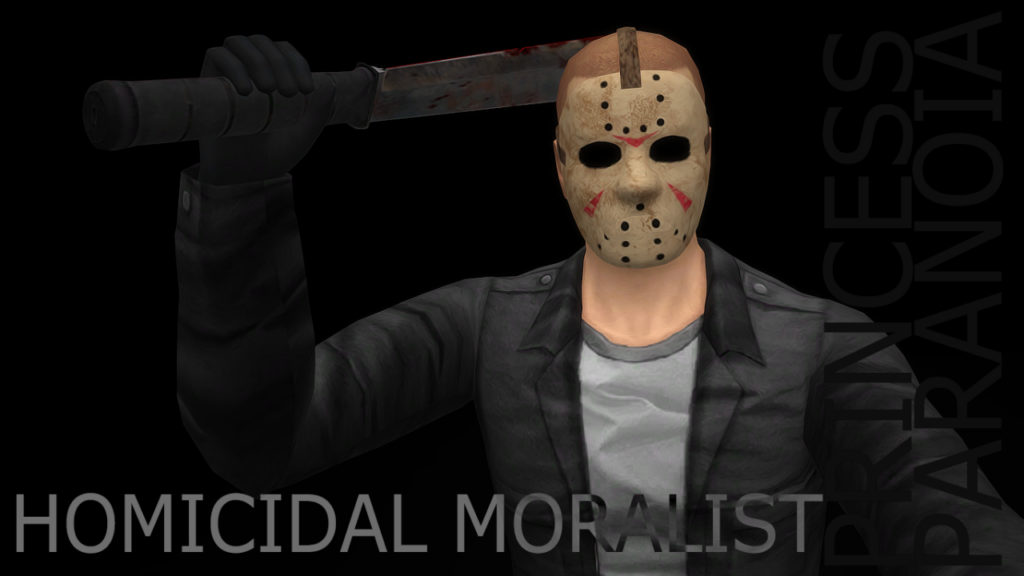 Ein Sim, der eine Jason-Maske für Halloween trägt.