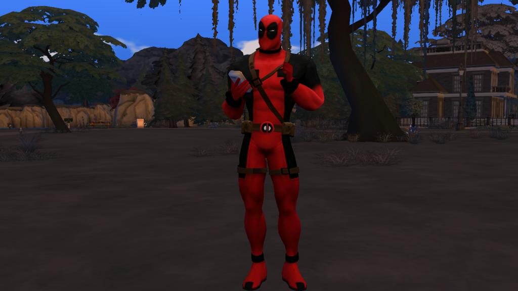 Ein Sim steht neben einigen Bäumen, verkleidet als Deadpool