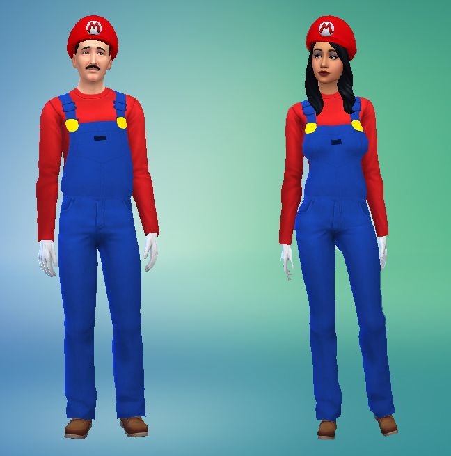 Zwei Sims in passenden CC-Halloween-Kostümen stehen da, sie sind wie Mario gekleidet