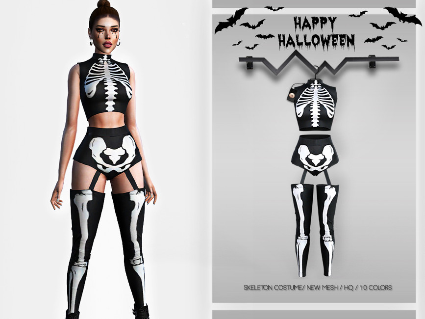 Ein Sim, der ein "sexy" Skelett-Halloween-Kostüm trägt